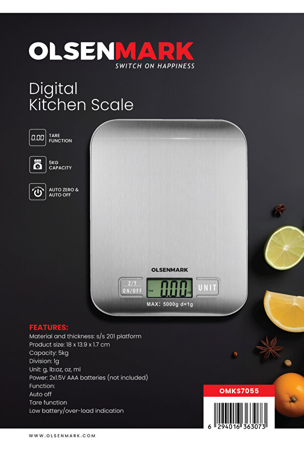 Digital Kitchen Scale OMKS7055 Stainless Steel Platform, Auto-Zero, Auto-Off