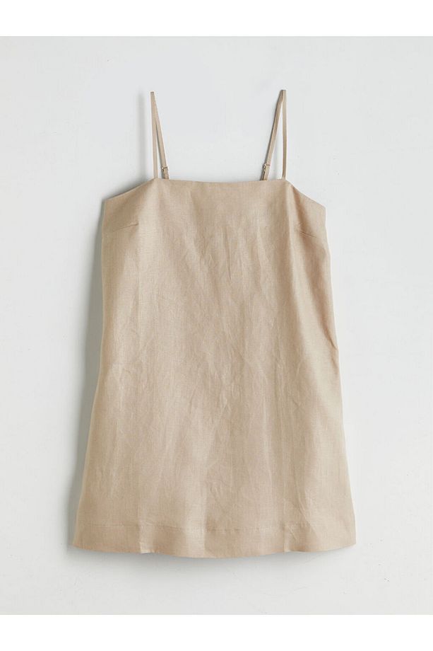 Bej Kare Yaka %100 Keten Mini Elbise - 5
