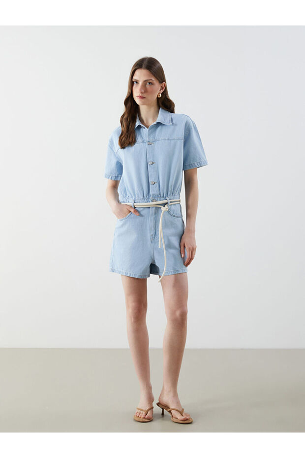 Indigo Shirt Collar Women's Jean Jumpsuit