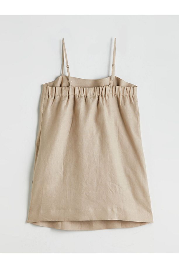 Bej Kare Yaka %100 Keten Mini Elbise - 6