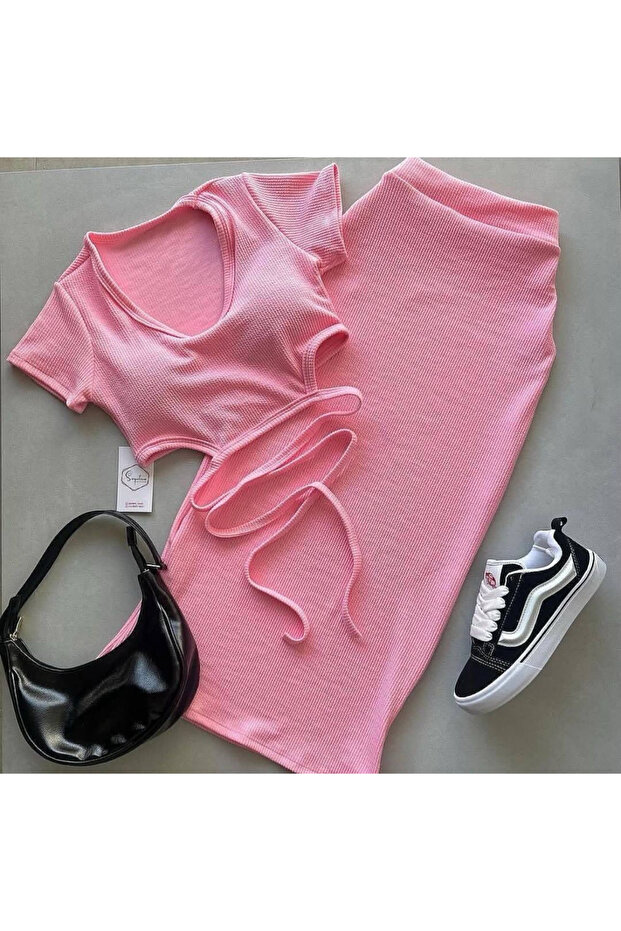 Women's Waist Tie Elastic Crop Skirt Set
