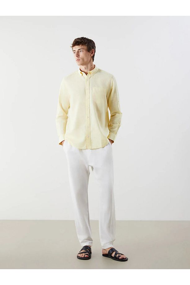 LCWAIKIKI Classic Sari Regular Fit Uzun Kollu Keten Karışımlı Erkek Gömlek - 2