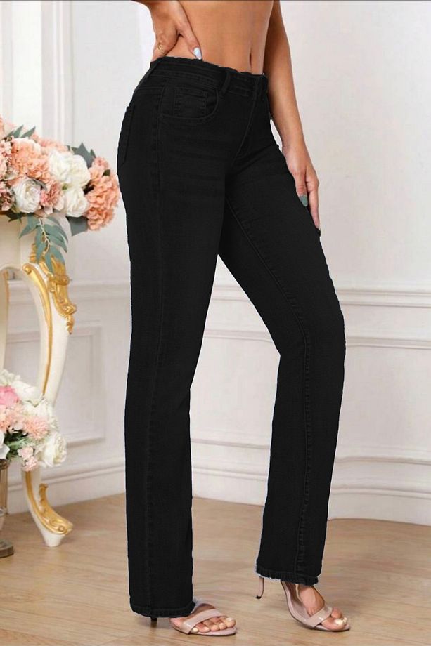 Kadın Boru Paça Yüksek Bel Regular Fit Likralı Pantolon-C607-Siyah - 3