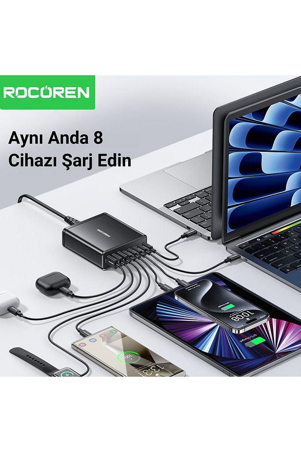 185w 8 Portlu Gan Şarj Cihazı 5*type-c 3*usb-a Notebook Iphone Samsung Uyumlu Şarj Istasyonu - 2