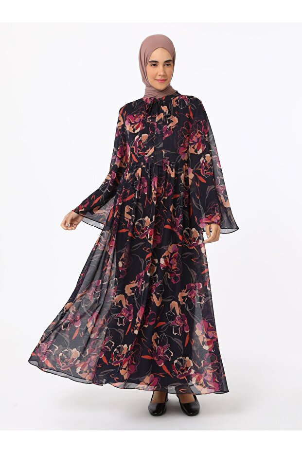 Floral Print Chiffon Modest Dress - Black - Pink Patterned - Refka