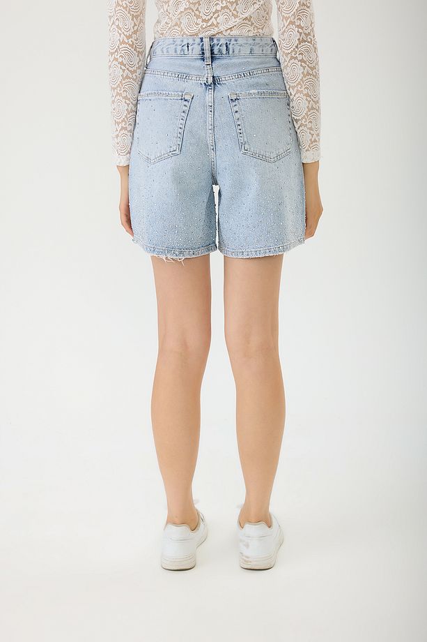 Taş İşlemeli Denim Şort - 4