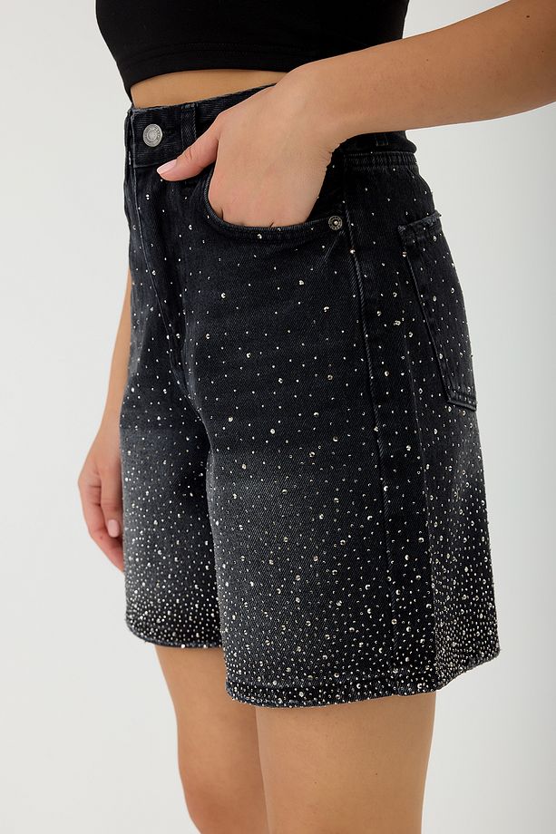 Taş İşlemeli Denim Şort - 5