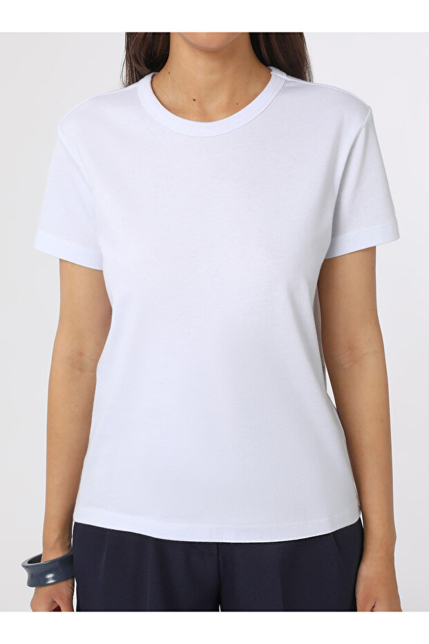 Bisiklet Yaka Basic Kadın Tişört - Beyaz - - 5