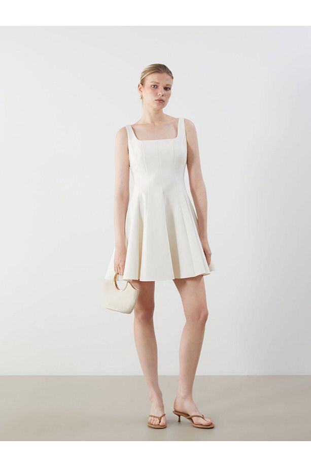 Sari Kare Yaka Peplum Mini Elbise - 1