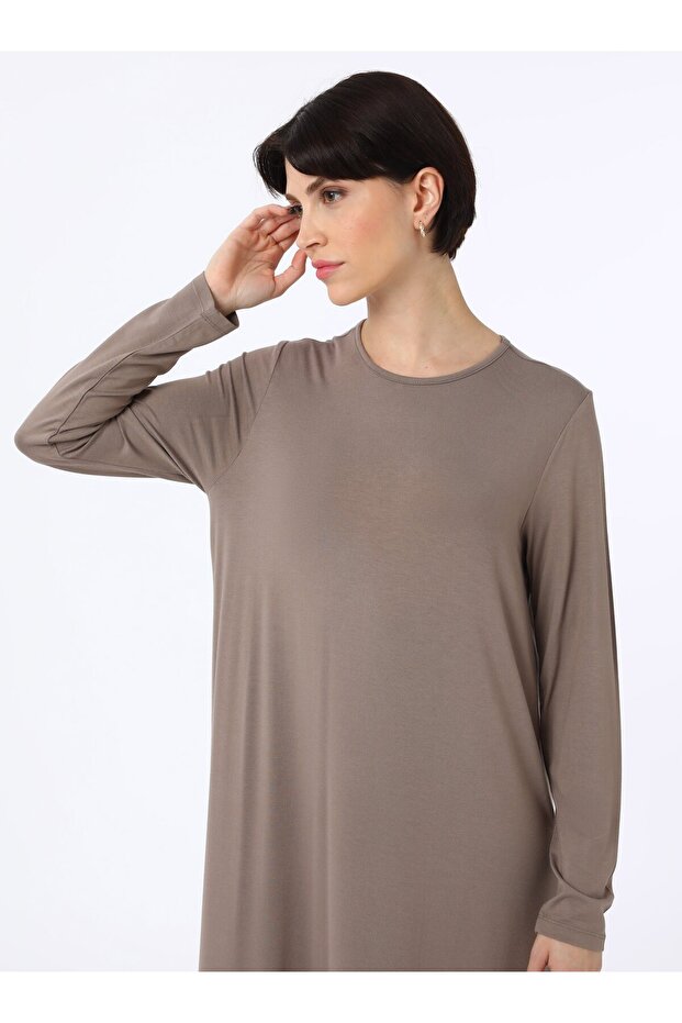 Viskon Kumaşlı Basic Elbise - Vizon - - 7