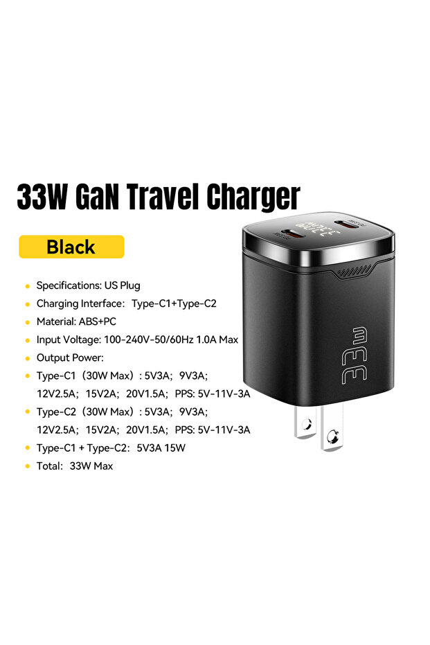 شاحن Essager 33 وات GaN USB C أسود أمريكي 33 وات شاشة رقمية PD شحن سريع لهاتف iPhone 13 12 Max Pro