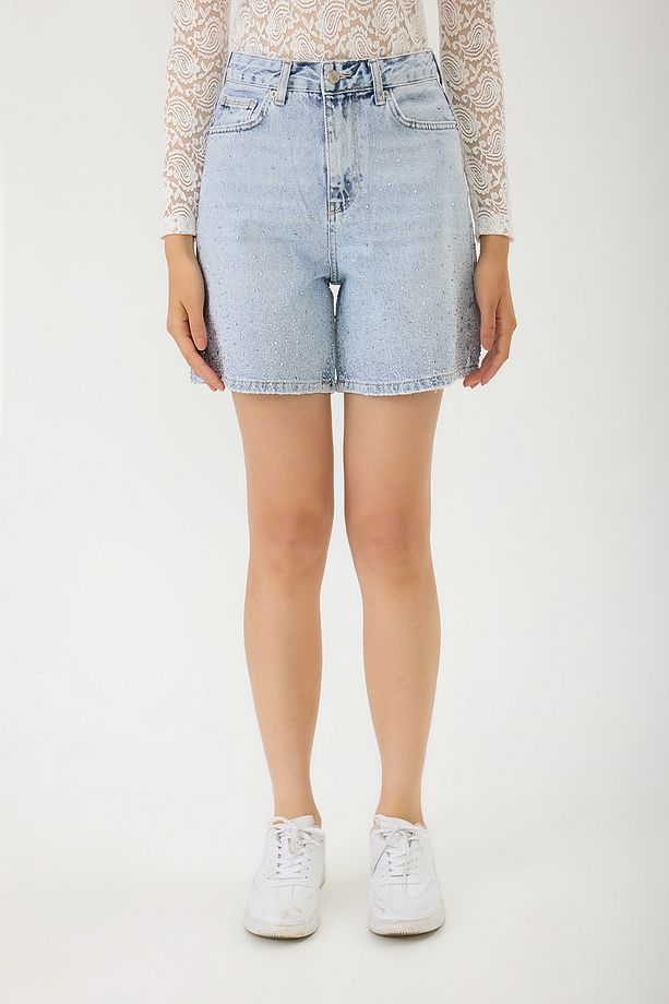 Taş İşlemeli Denim Şort - 2