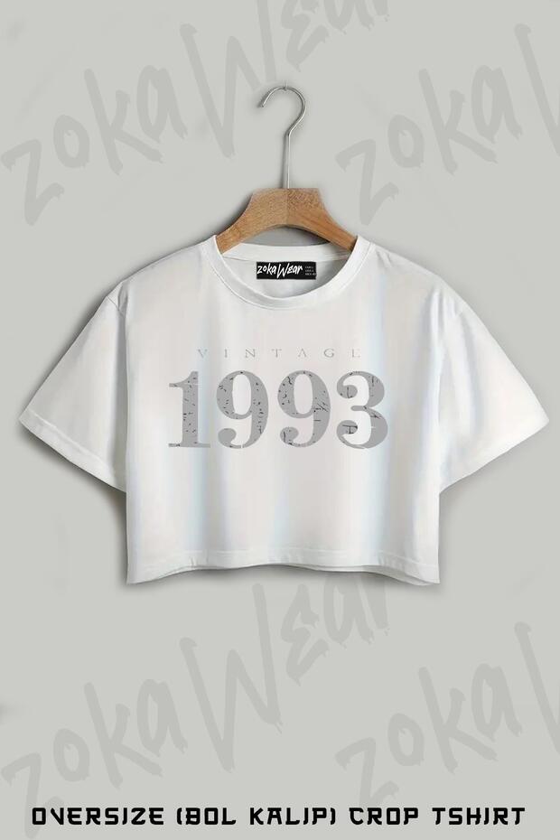 Vintage 1993 (Antique Gray) 30 Birthday Printed Oversize Crop T-Shirt