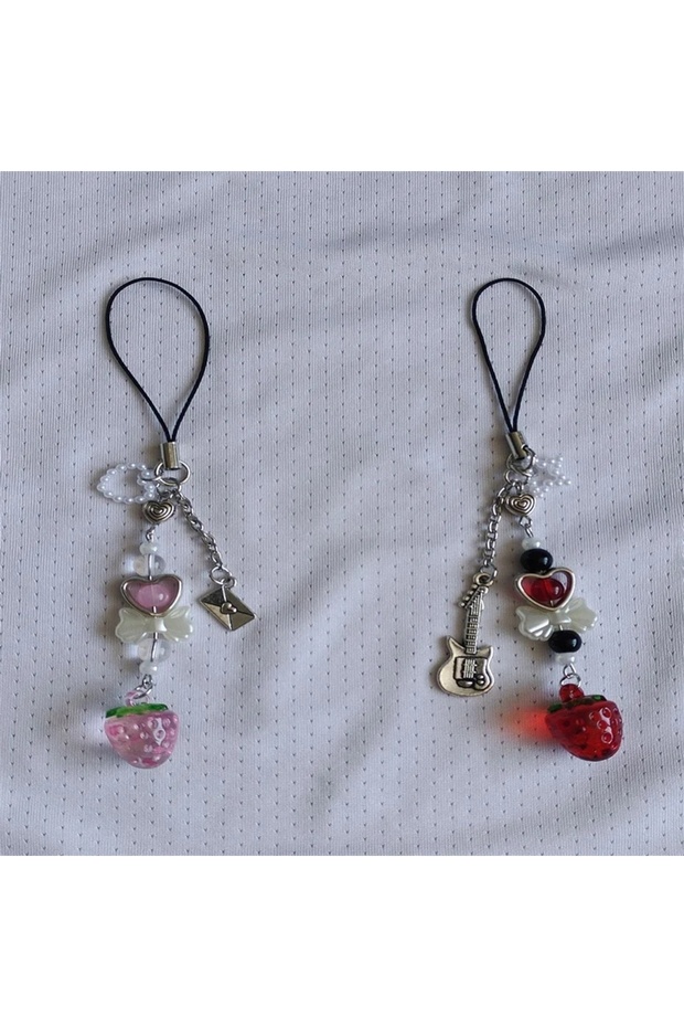 K917-set Nana & Hachi Matching Phone Chain Charms Red Pink Strawberry Bow Key Ring Anime Inspired Y2