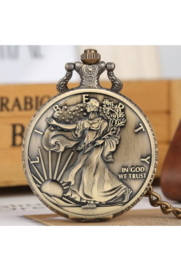 bronze Antique Bronze Statue of Liberty Coin Pattern Collectible Quartz Pocket WatchWith Necklace Pa