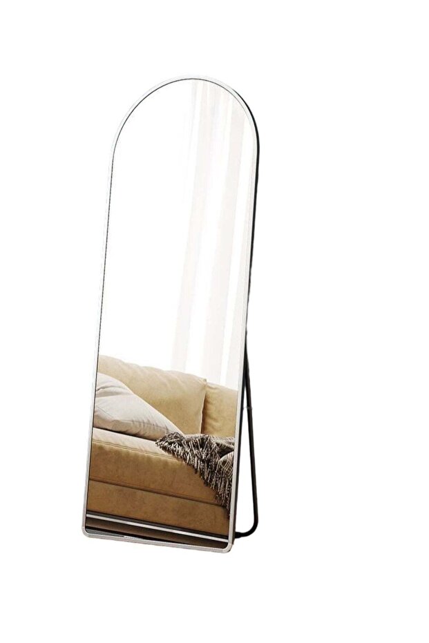 Arched Floor Mirror With Stand and Aluminum Alloy Frame, Silver, 147x37 cm