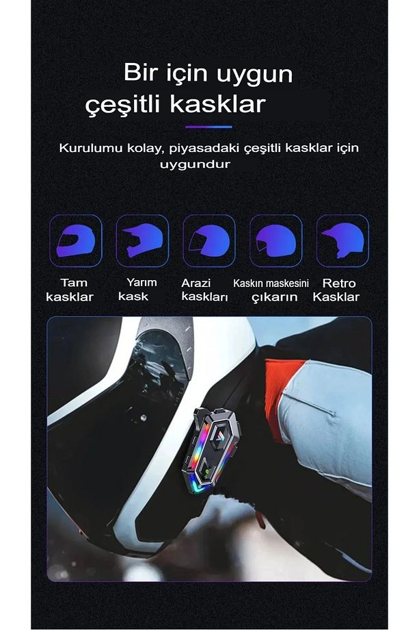 Telsiz Özellikli 5.3 Motosiklet Kask Kulaklık Intercom Işıklı Motorsiklet Interkom - 4