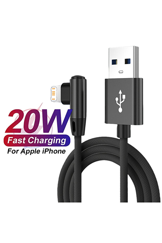 كابل شحن USB بزاوية 90 درجة أسود بطول 2 متر لهاتف iPhone 11 12 13 14 Pro X XR XS Max 7 8 Plus من النايلون
