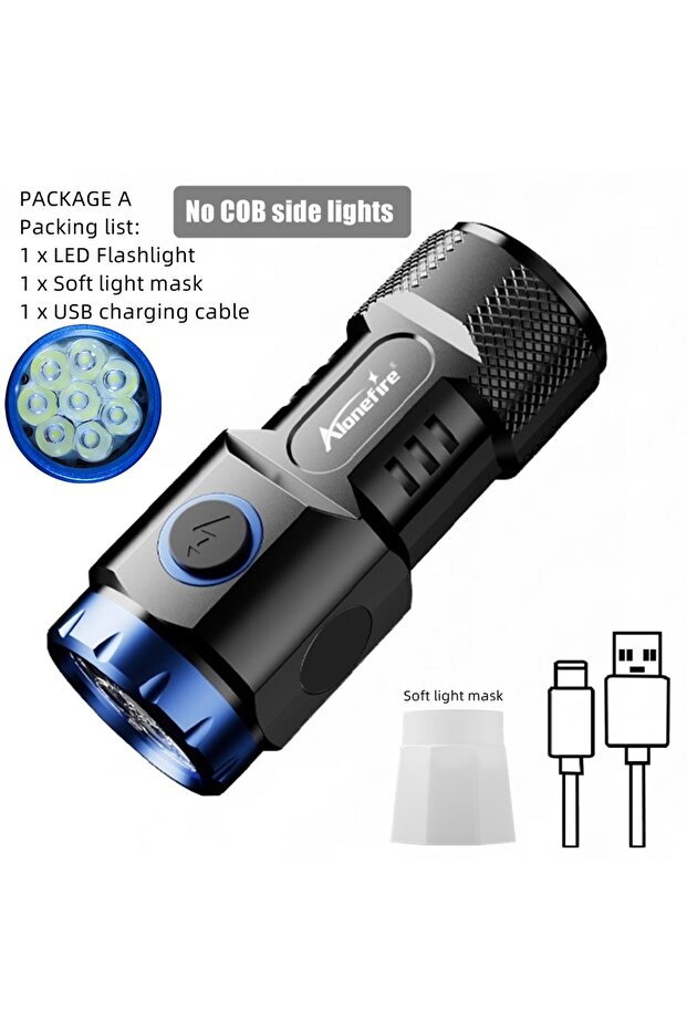 مصباح يدوي صغير أسود X88-Blue 6500k 8x P35 LED عالي السطوع مع شحن USB وإضاءة جانبية COB