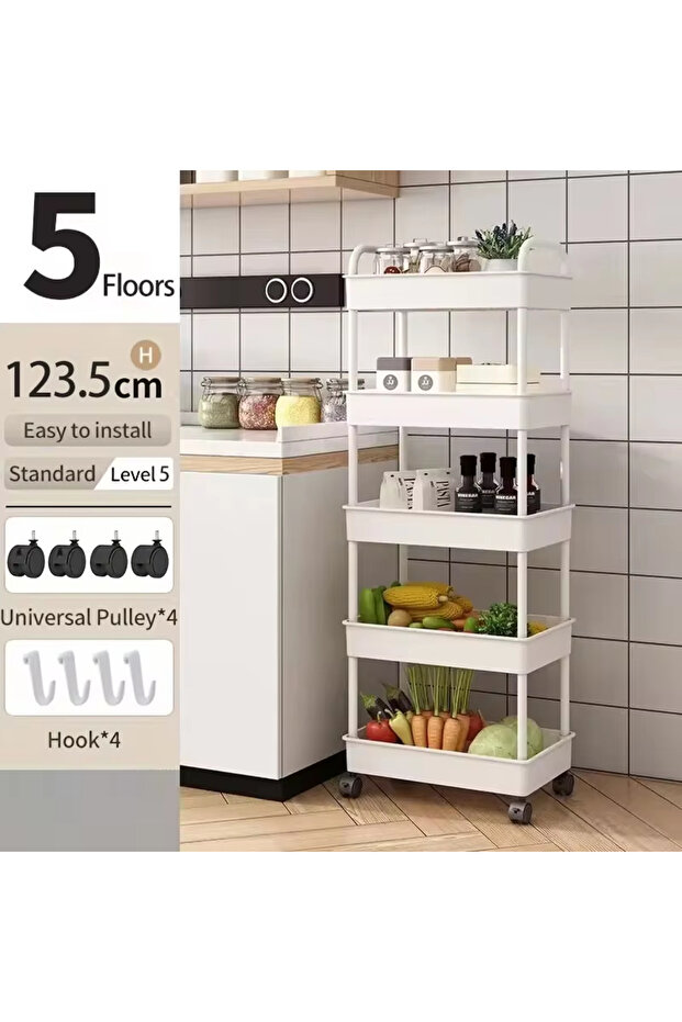 White 5-layer 1 PC 3-Layer Rolling Plastic Storage Cart with Armrests - Space-Efficient Multi-Room O - 1