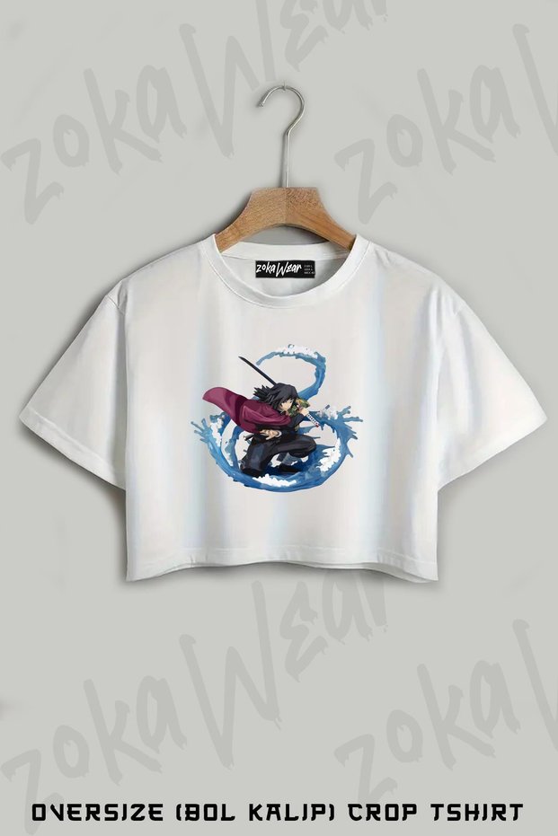 Water Giyu Tomioka Demon Slayer Kimetsu No Yaiba Printed Oversize Crop T-Shirt