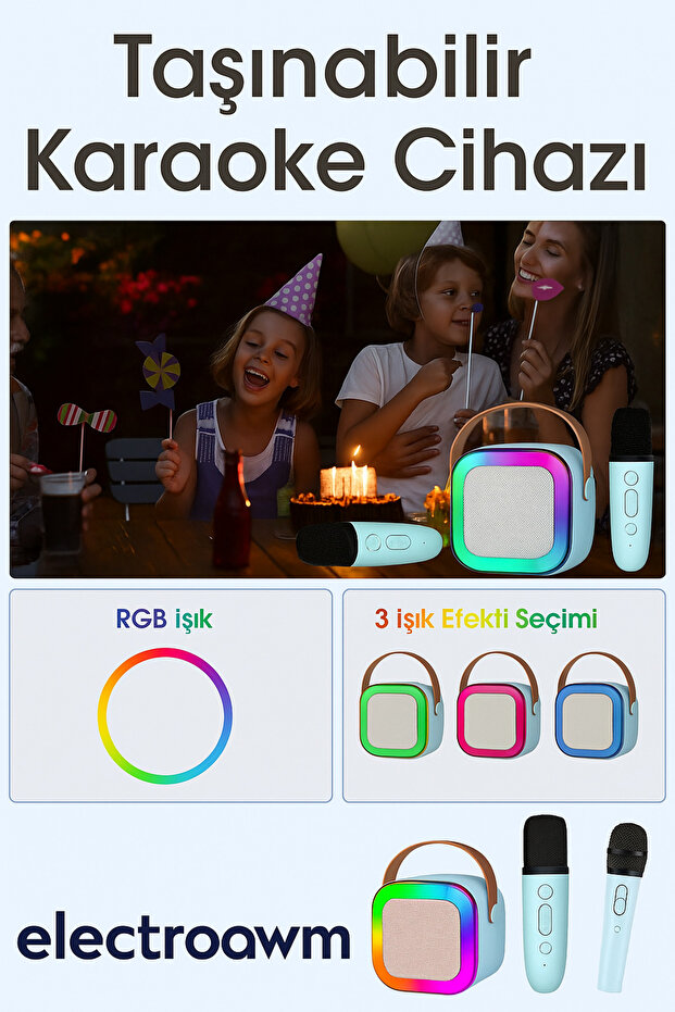 Bluetooth Işıklı Karaoke Hoparlör ve Mikrofon Seti - Taşınabilir RGB Ses Sistemi - 5
