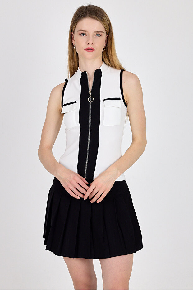 Beyaz Fermuarlı Örme Bluz 1449 - 6