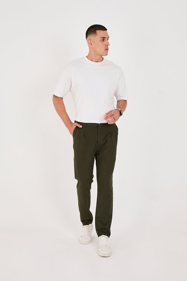 Men's Buckle Belt Italian Cut Boyfriend Fit Casual Khaki Fabric Pants