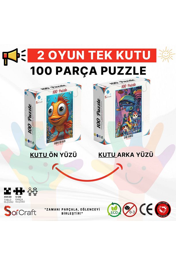 100 Parça Puzzle Çift Tasarım Tek Kutu Renkli Mercan - 3