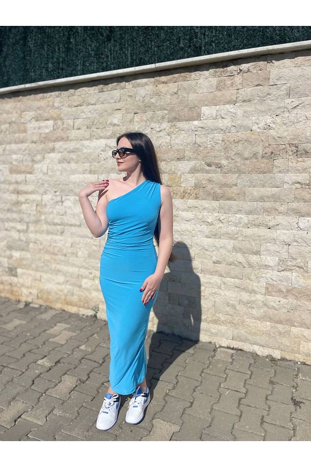Kadın Tek Omuz Büzgülü Midi Elbise - 8