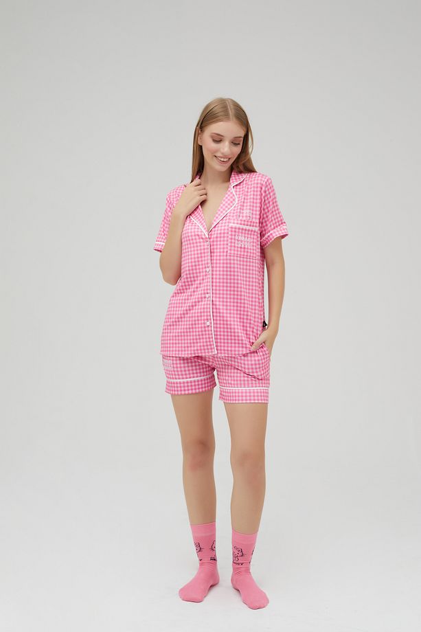 Lisanslı Düğmeli Kısa Kol Saten Şortlu Pijama Takımı ROZ-50TH23 - 3
