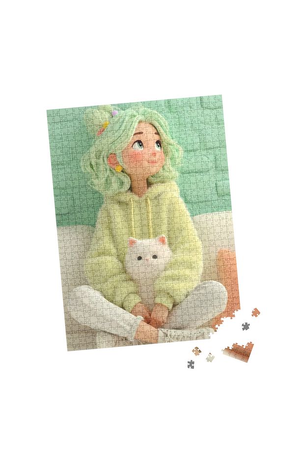 100 Parça Puzzle Çift Tasarım Tek Kutu Mavi Baykuşla Kız - 5