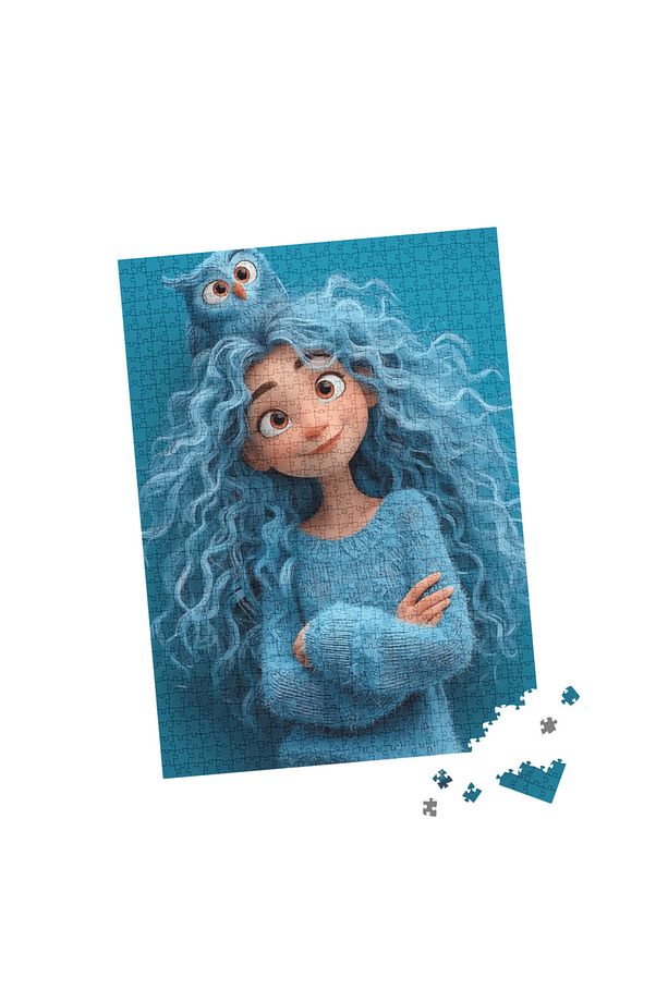 100 Parça Puzzle Çift Tasarım Tek Kutu Mavi Baykuşla Kız - 4