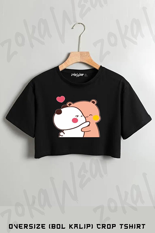 Bubu Dudu,Cute Couple Cartoon Printed Oversize Crop T-Shirt
