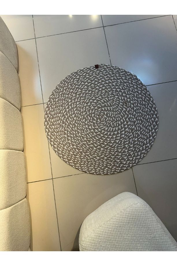 Loom Jüt Çift Taraflı Yıkanabilir Örgü Kilim Yuvarlak Halı Paspas Mutfak Banyo Balkon Gri Beyaz - 3