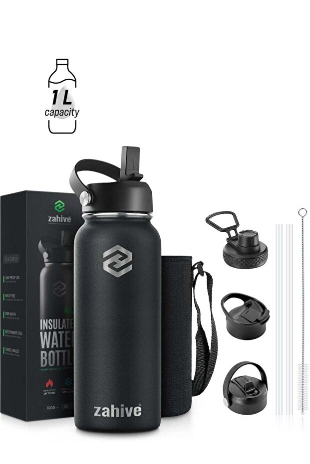 Zahive Insulated Stainless Steel Water Bottle with Straw with 3 Lids and Bag 1000 ml, Double Wall Th