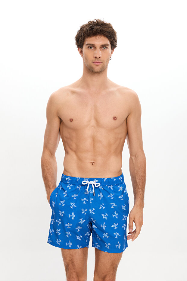 Men's Airplane Patterned Swim Shorts with Pockets Mesh Lining Quick Dry Water Repellent Medium Length 25Sm106St