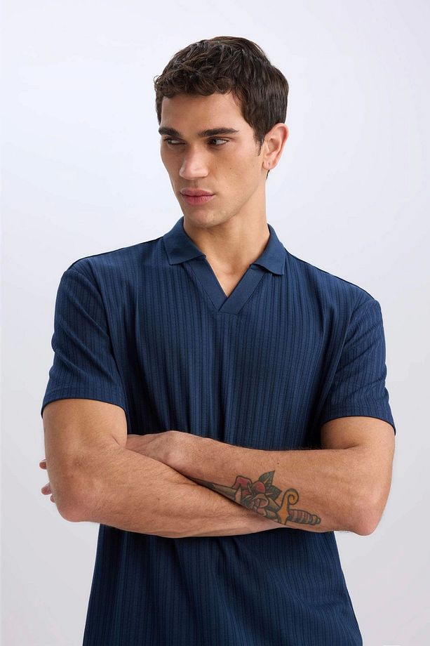 E1207 Lacivert Regular Fit Kısa Kollu Krinkıl Polo Tişört - 5