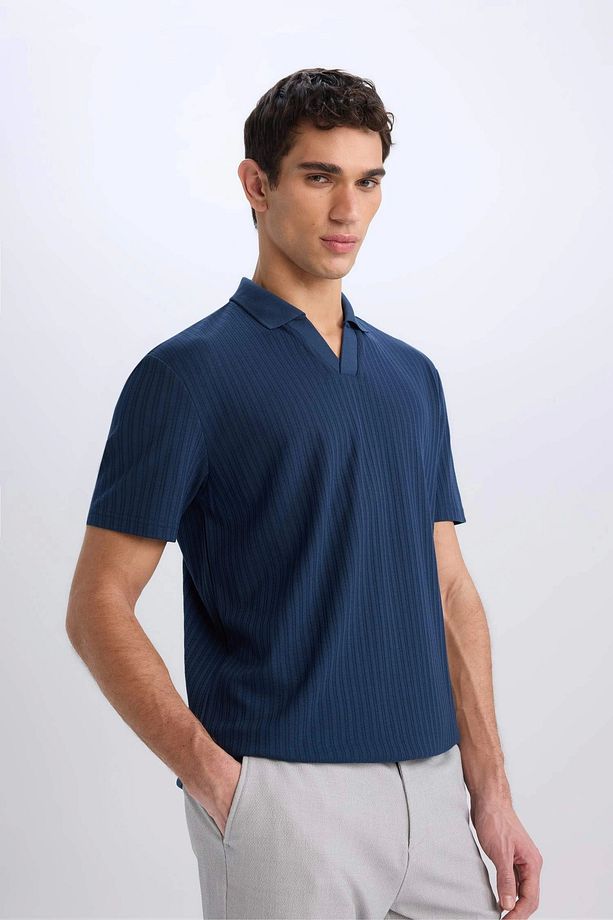 E1207 Lacivert Regular Fit Kısa Kollu Krinkıl Polo Tişört - 3