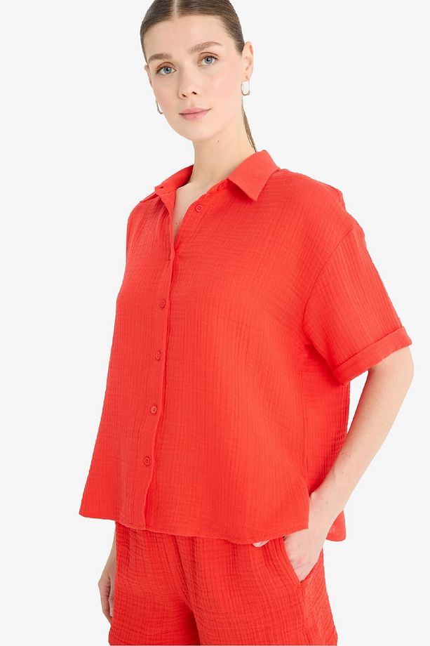 Regular Fit Müslin Kısa Kollu Kırmızı Gömlek F0884ax25sm - 5