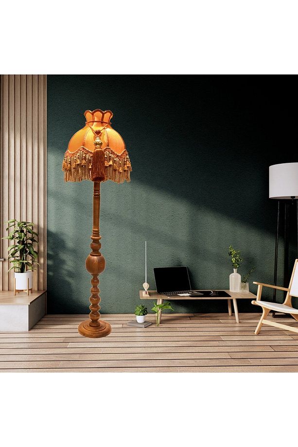 Kiremit Renk Kadife Lambader Kahve Ahşap Ayak Vintage LM01298 - 2