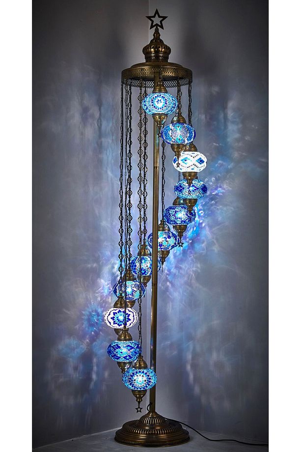 El Yapımı Otantik Mozaik Renkli Cam Lambader Taban Lambası Ayaklı Lambader 11 Camlı 2.1 Metre - 1
