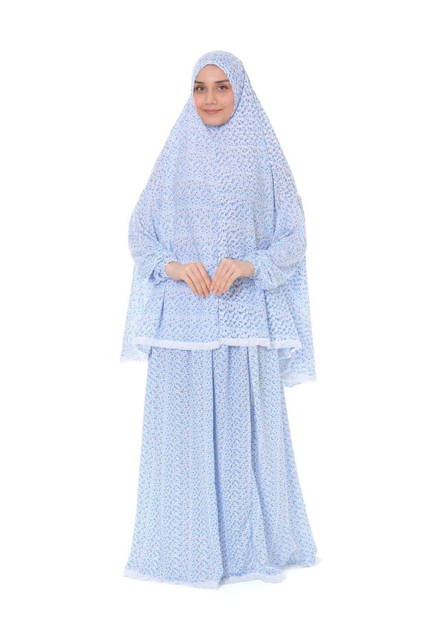 Women's Practical Prayer Dress with Double Sleeves and Lace Detail - Blue - Oulabi Mir