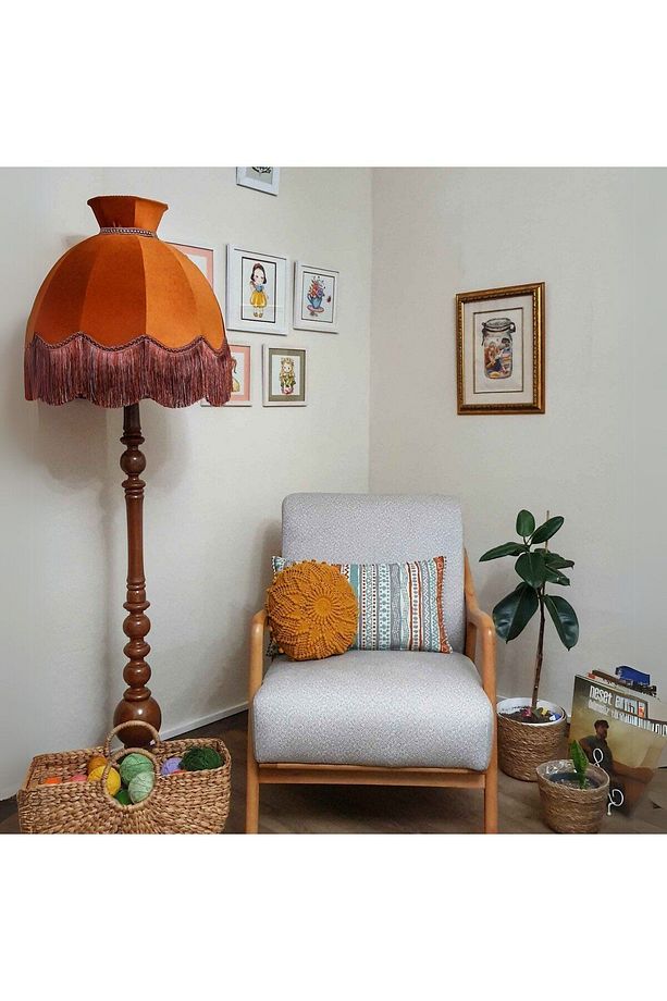 Kiremit Renk Kadife Lambader Kahve Ahşap Ayak Vintage 50x170cm LM01300 - 1