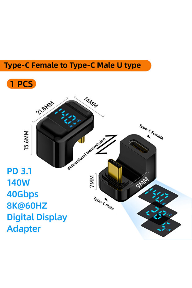 محول يو إكس أسود USB C بزاوية قائمة 90 درجة على شكل حرف U، محول من النوع C بسرعة نقل بيانات 40 جيجابت في الثانية، PD 140 واط USB