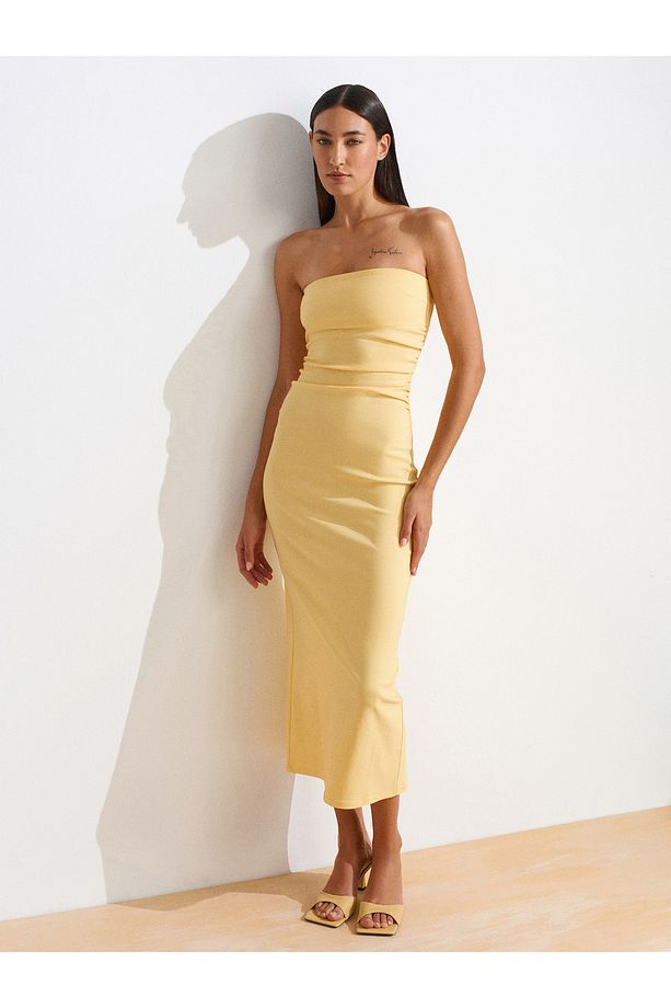 91368 Straplez Midi Elbise-Sarı - 1