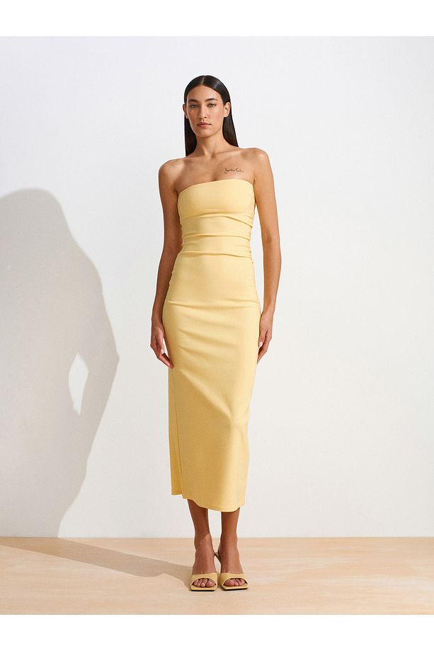 91368 Straplez Midi Elbise-Sarı - 3
