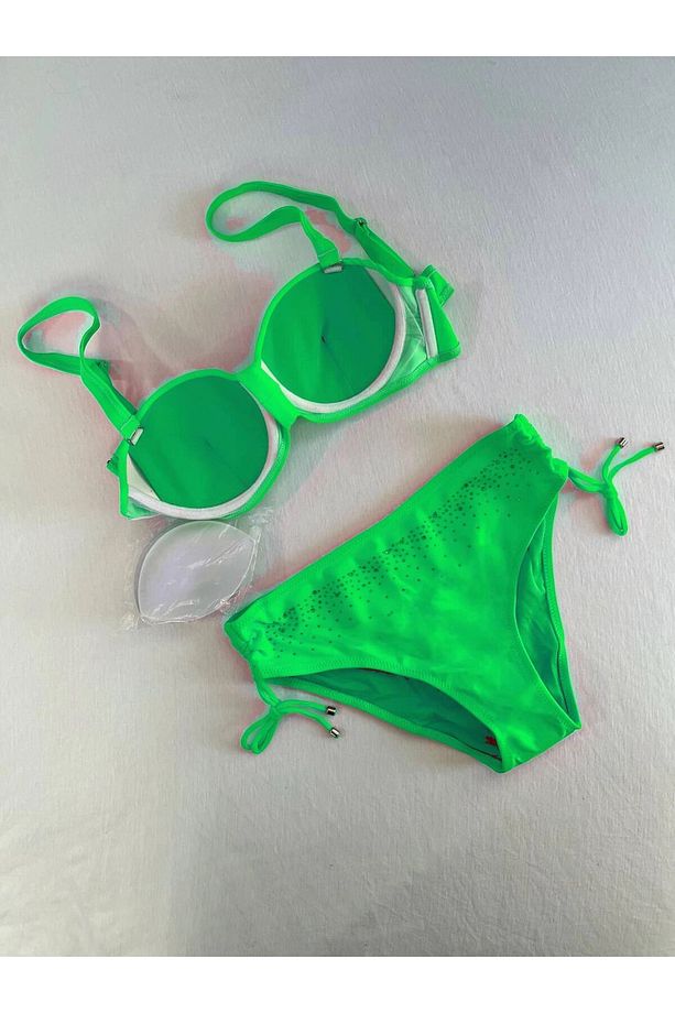 Kadın Canlı Yeşil Taş İşlemeli Astarlı Bikini Takım HZL25S-LC3361 - 3
