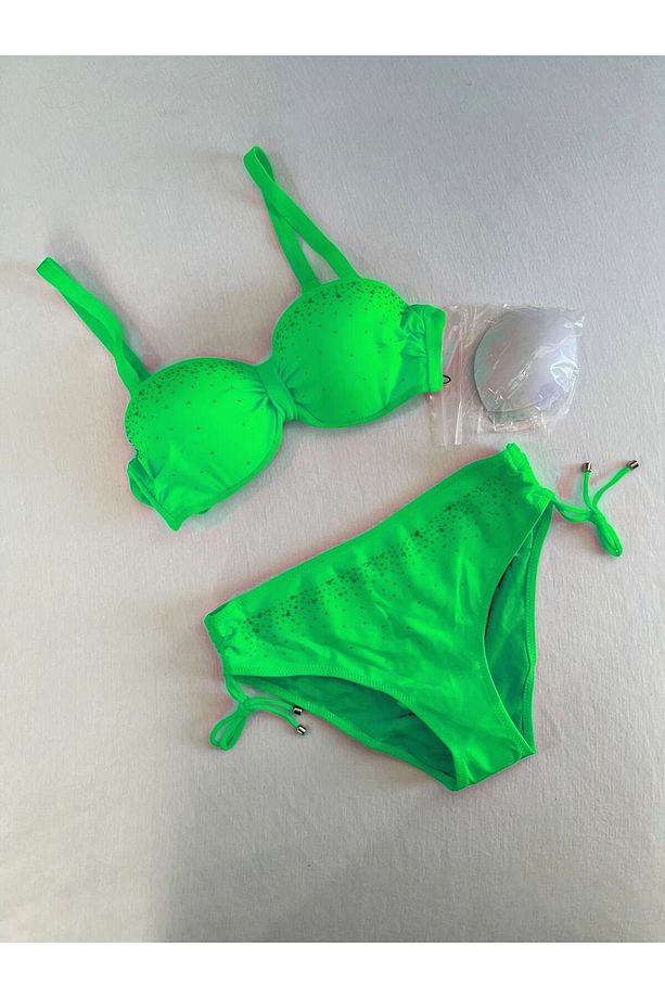 Kadın Canlı Yeşil Taş İşlemeli Astarlı Bikini Takım HZL25S-LC3361 - 1