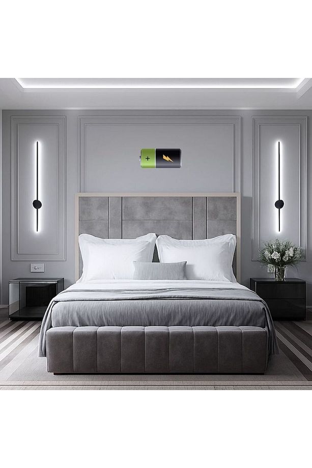 Modern Dekoratif Beyaz Işık Pilli Led Duvar Aplik 70 Cm Siyah ( 1 Adet ) - 1